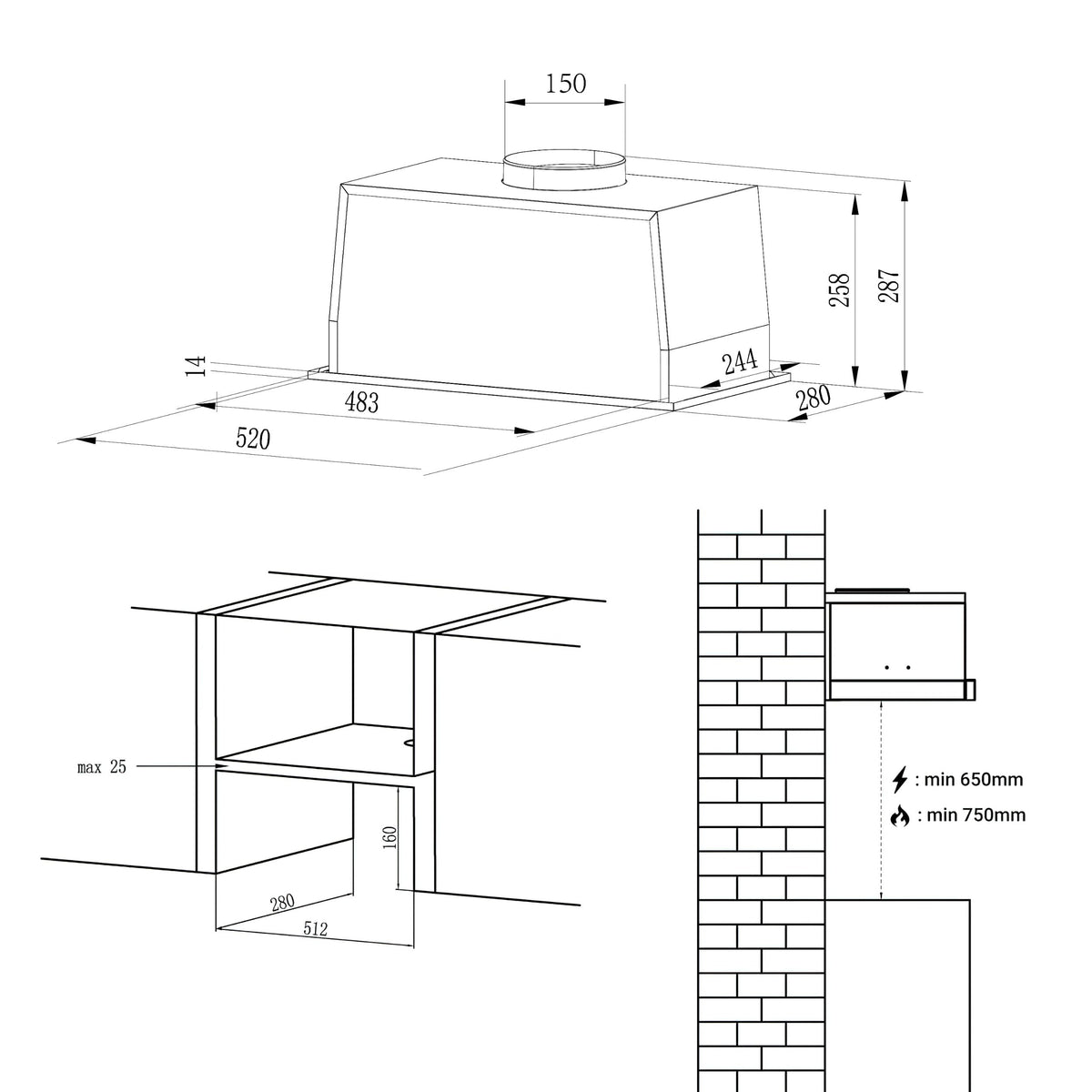 CIARRA 52cm Integrated Cooker Hood 300m3h LED 3 Speed