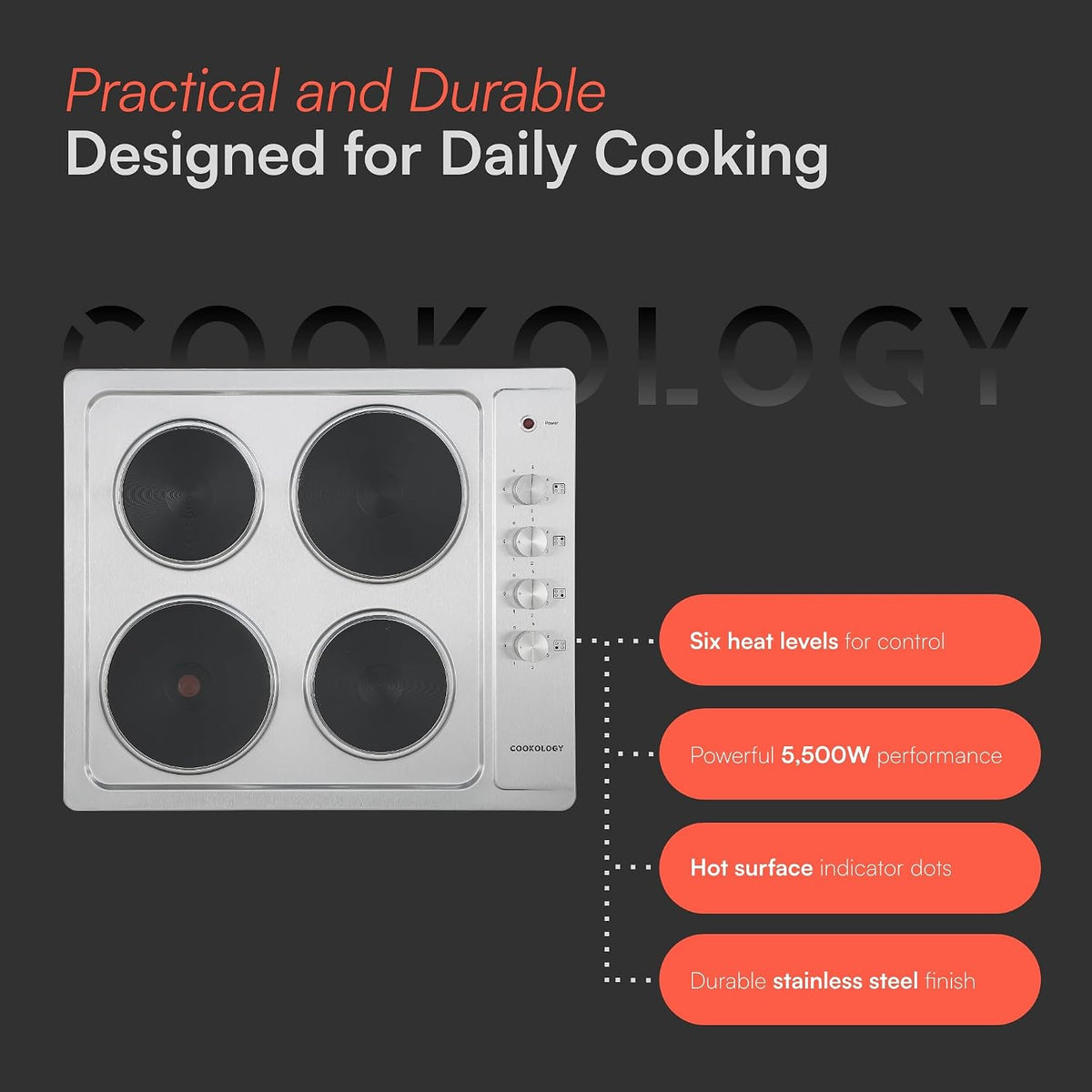 Cookology 60cm 4 Zone Stainless Steel Solid Plate Hob