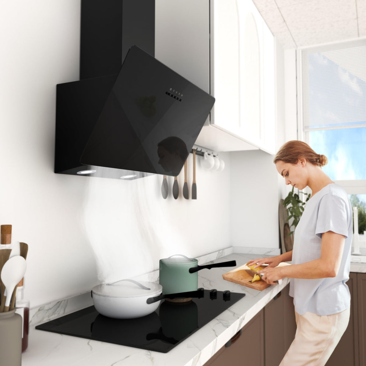 FIREGAS 60cm Black Angled Chimney Cooker Hood With LED Lights