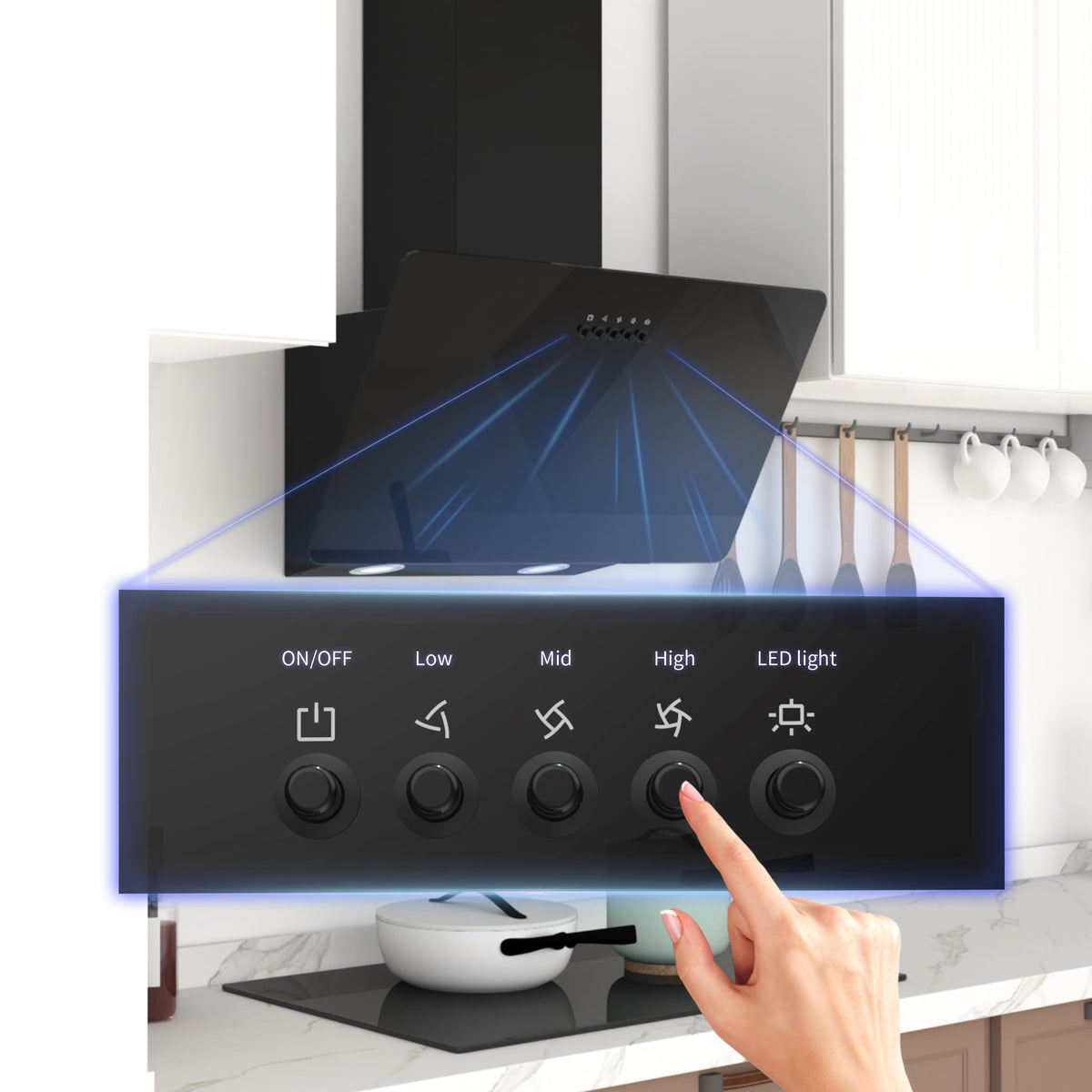 FIREGAS 60cm Black Angled Chimney Cooker Hood With LED Lights