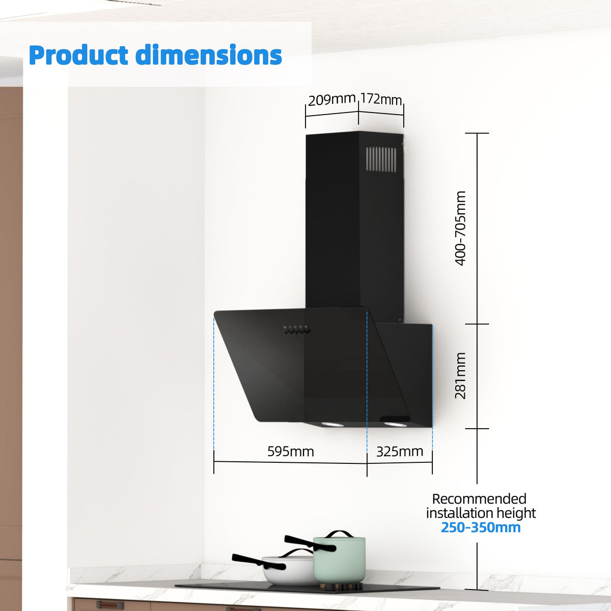 FIREGAS 60cm Black Angled Chimney Cooker Hood With LED Lights
