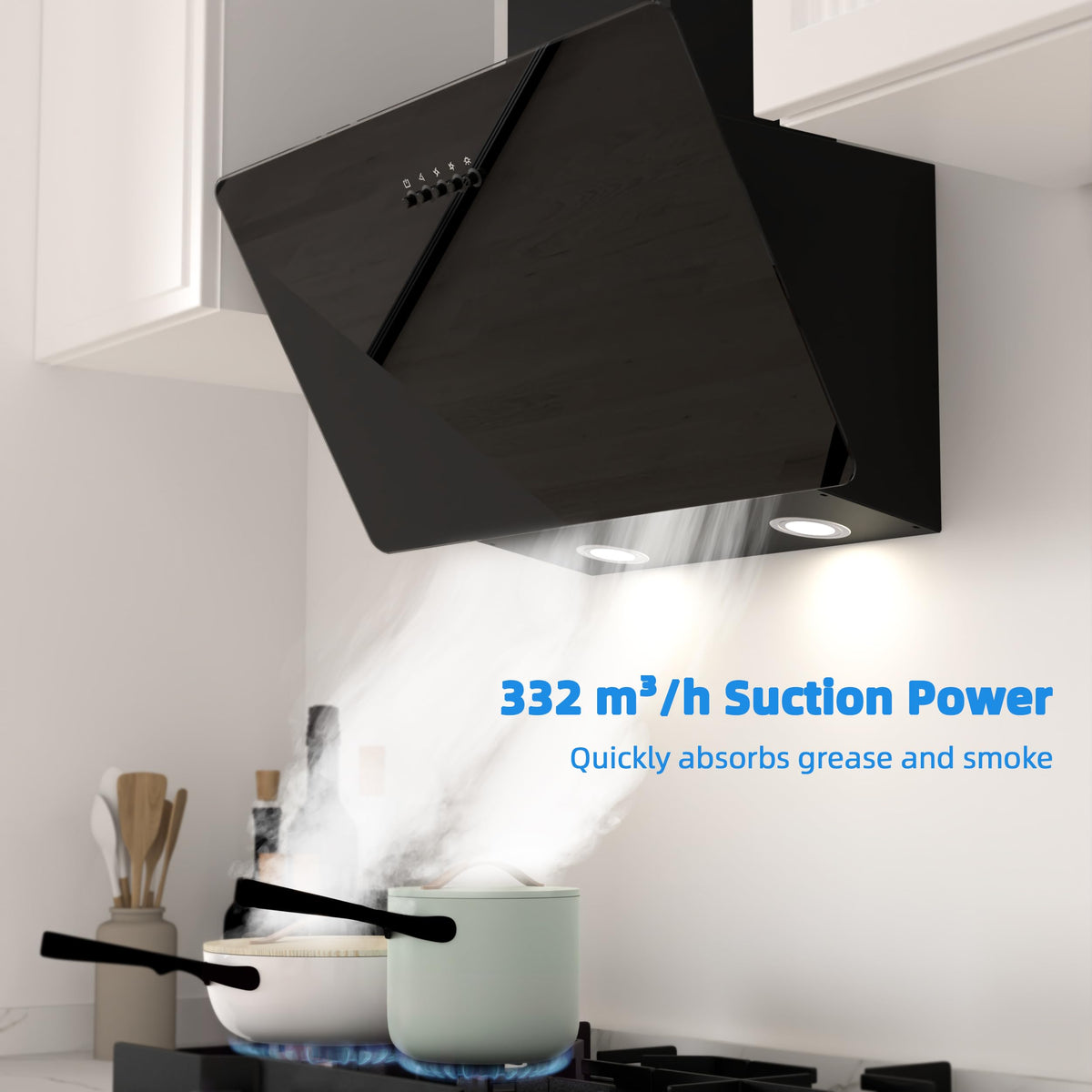 FIREGAS 60cm Black Angled Chimney Cooker Hood With LED Lights