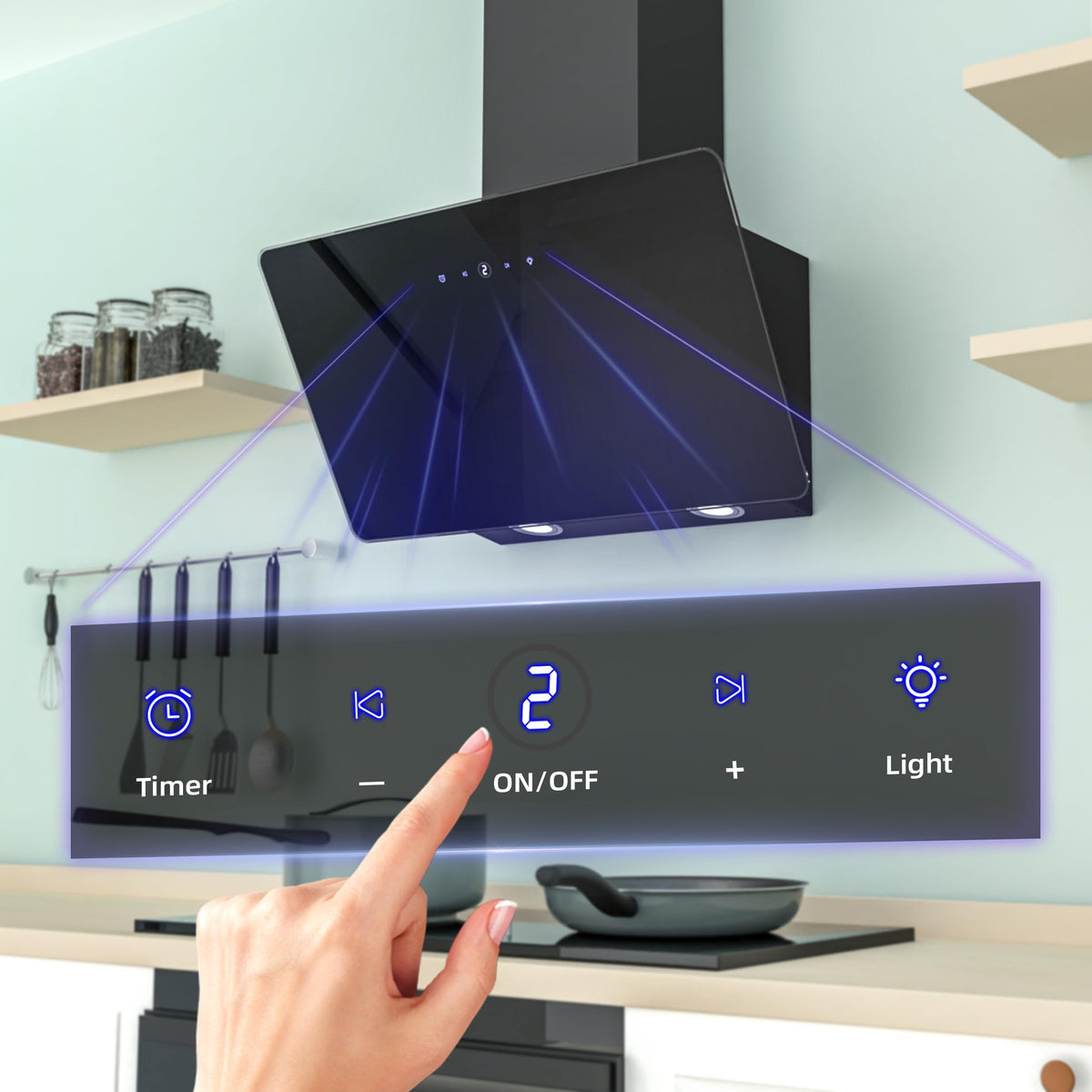 FIREGAS 60cm Black Angled Chimney Cooker Hood With LED Lights