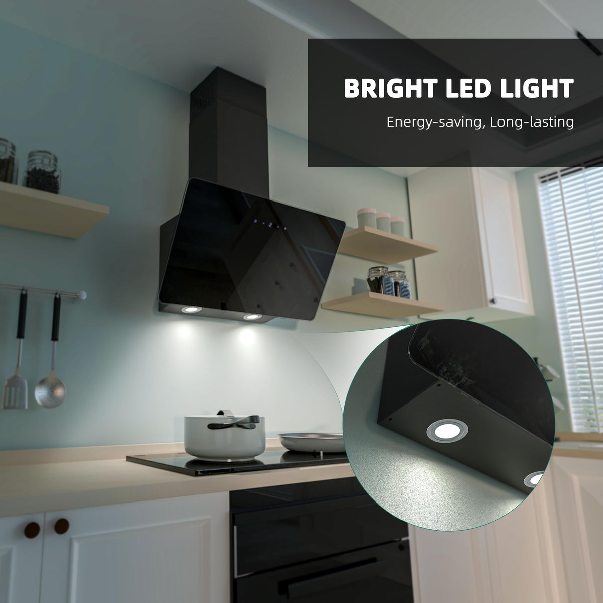 FIREGAS 60cm Black Angled Chimney Cooker Hood With LED Lights