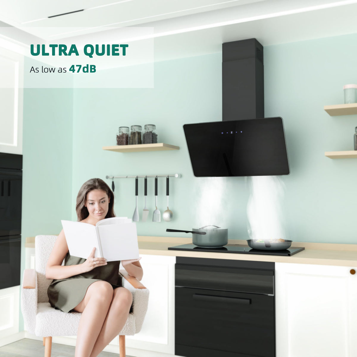 FIREGAS 60cm Black Angled Chimney Cooker Hood With LED Lights