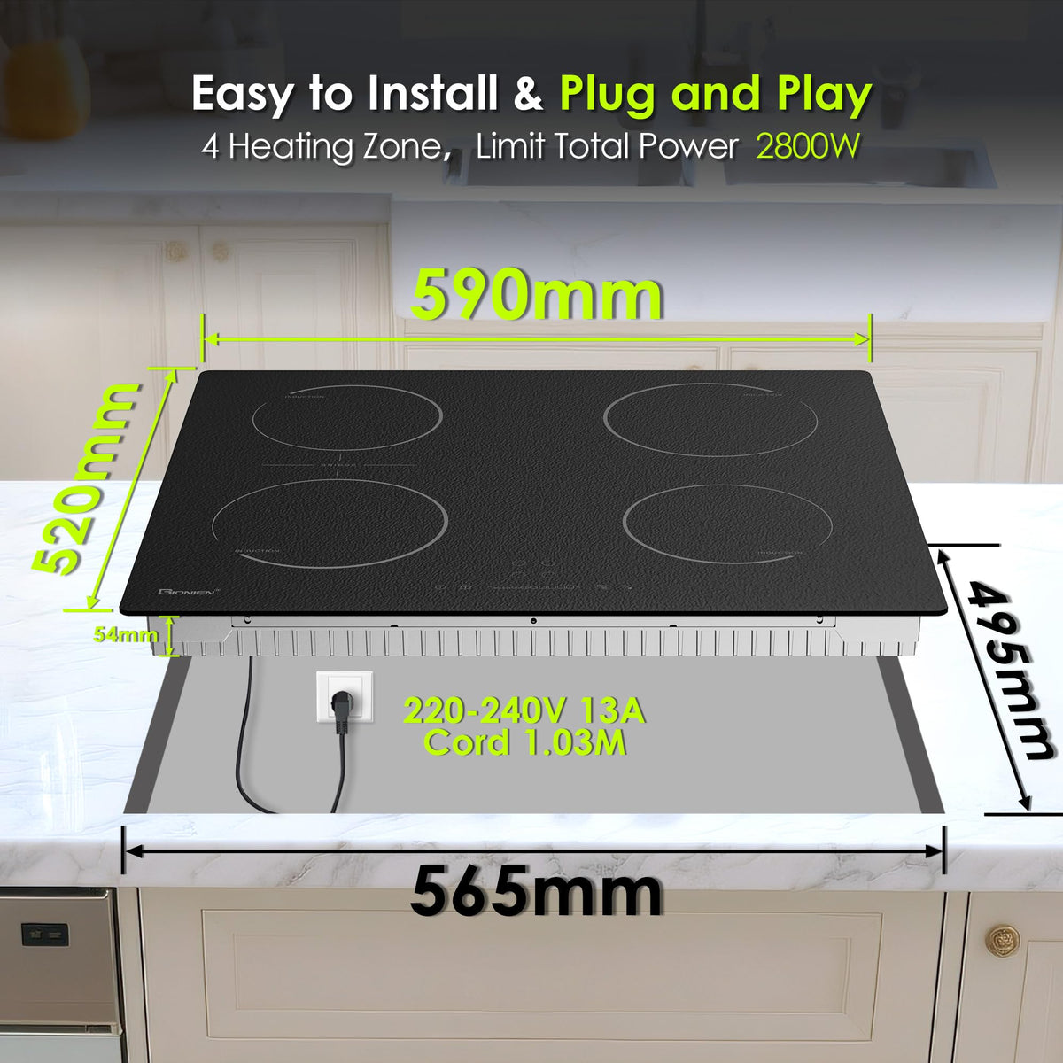 Gionien 60cm 2800W Plug In Induction Hob, 4 Zones, GIT470SP