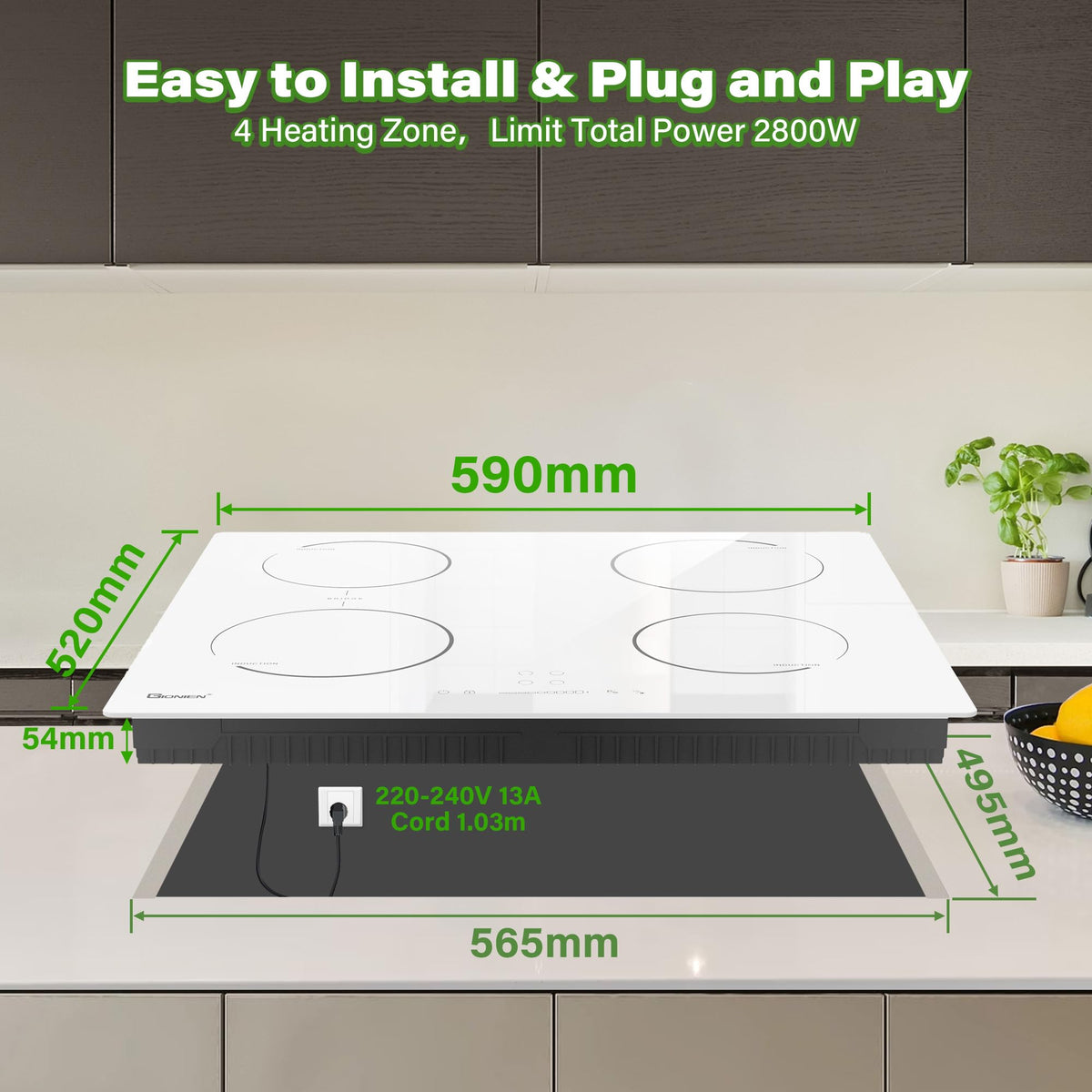 Gionien 60cm 2800W Plug In Induction Hob, 4 Zones, GIT470SP