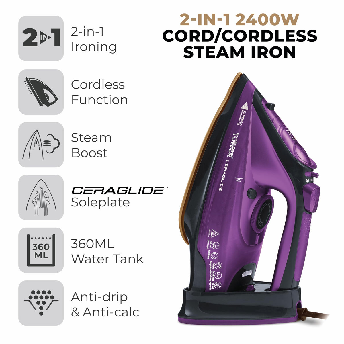 Tower T22008 Cordless Ceramic Steam Iron 2400W