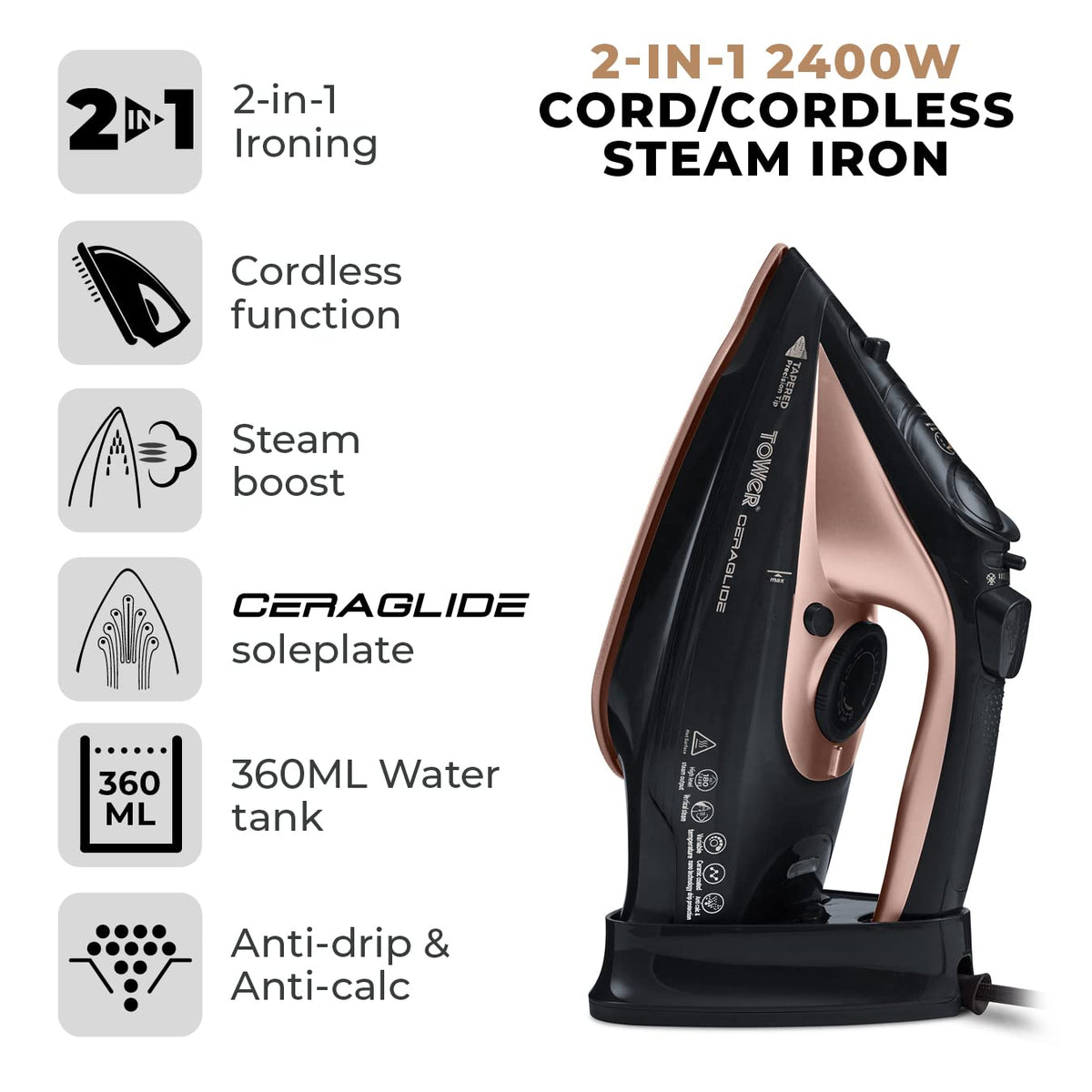 Tower T22008 Cordless Ceramic Steam Iron 2400W