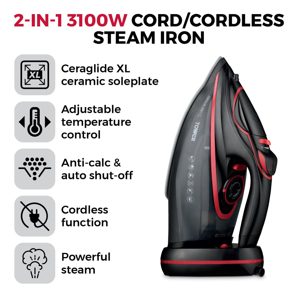 Tower T22008 Cordless Ceramic Steam Iron 2400W